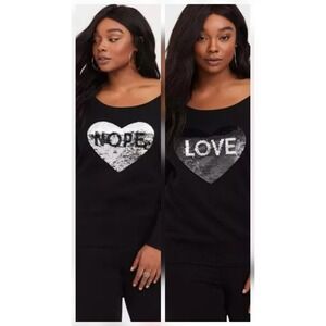 Torrid Sz 1 Black and Silver Reversible Sequin Heart Pullover Sweater‎ Black